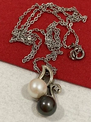 Vintage 14k White Gold Black & White Pearl Accent Diamond Pendant & 925 Necklace - Image 1 of 4