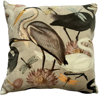 Herons Cushion Cover Printed Italian Velvet Fabric Lotus Dragonflies 16-24" - Image 1 of 4