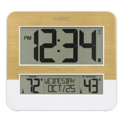 Atomic Digital Clock Wireless Sensor Temperature White/Gold Frame Large Numerals - Image 1 of 4