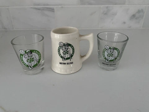 Boston Celtics Shot Glass & Mini Stein Lot NBA Basketball Leprechaun Vintage Lot Cover