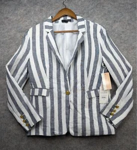 Harve Benard Jacket Womens 12 Blue White Striped Blazer Linen Single Breasted - Picture 1 of 13
