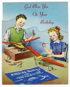 Building AIRPLANE MODEL KITS Vintage 1940's Birthday Greeting Card NICE GRAPHICS - Picture 1 of 3