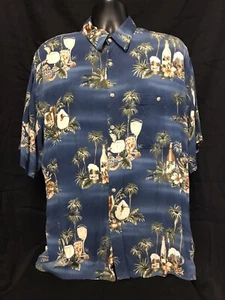 Pierre Cardin Shirt Men Extra Large Beige Blue Tile Pattern Palm Cotton Hawaiian - Picture 1 of 5