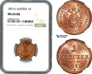 AK201, Austria, Franz Joseph, 1 Kreuzer 1851 A, Vienna Mint, NGC MS64RB - Picture 1 of 1