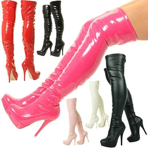 Ladies Black Red Over The Knee Thigh High Heel Stiletto Platform Stretch Boots - Picture 1 of 55