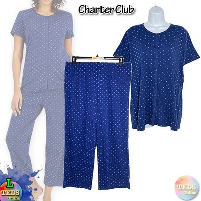 Nuevo con etiquetas Charter Club Mujer L 2 piezas Juego de pijama recortado de algodón 100181239, lunares Foto 1 de 4