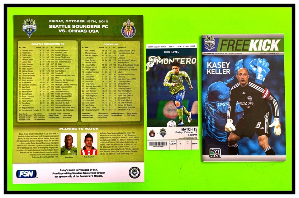 2010 MLS  SEATTLE SOUNDERS vs CHIVAS USA  TICKET, PROGRAM & PLAY SHEET  MINT - Image 1 of 4