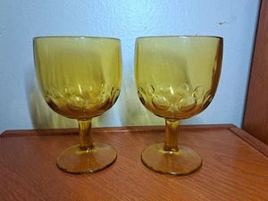 Bartlett Collins Pair of Gold Amber Thumbprint Water Goblets Glasses MCM - Picture 1 of 3