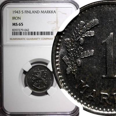 FINLAND Iron 1943 S 1 Markka WWII Issue NGC MS65 TOP GRADED BY NGC KM# 30b (042) - Image 1 of 4