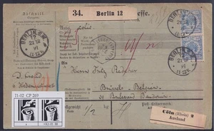 74506) BERLIN 1891 Paketkarte Mi.-Nr. 48 MeF (4x) mit Plattenfehler nach Belgien - Bild 1 von 2