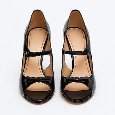 Kate Spade New York Cammie Black Patent Leather Bow Peep Toe Heels Size 8 - Image 1 of 4