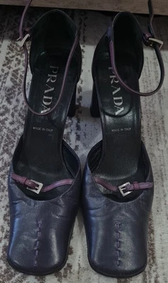 Vtg Prada D'Orsay Purple Leather Stitch Square Toe Buckle Heels 36.5 90s Y2K - Image 1 of 4