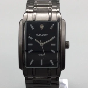 Embassy Watch Men Diamond 27mm Gunmetal Black Dial Stretch Band New Battery - Picture 1 of 14