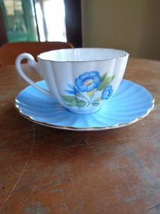 Vintage SHELLEY England Bone China Teetasse Untertasse Blau MORNING GLORY Floral - Bild 1 von 9