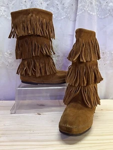 Minnetonka Moccasin Brown Suede 3 Layer Fringe Mid Calf Boho Festival Boots Sz 9 - Picture 1 of 6