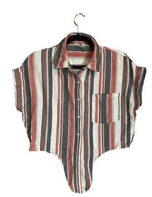 Forever 21 Womens Size MBlack Red Maroon Striped Cotton Blend Flannel Crop Top - Image 1 of 4