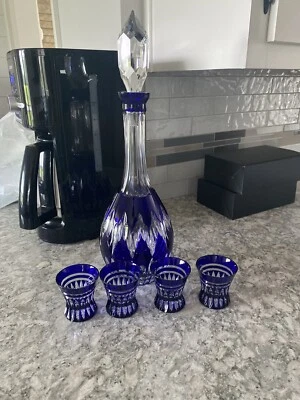 Ajka Castille Alberga Crystal Cobalt Blue Cut Decanter  And 4 Shot Glasses - Image 1 of 3