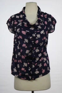 Edme & Esyllte Womens Top Size 4 Navy Blue Floral Blouse Short Sleeve Shirt - Picture 1 of 5