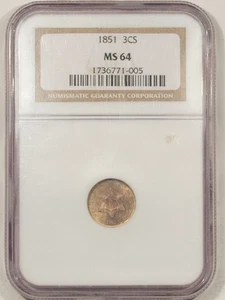 1851 THREE CENT SILVER - NGC MS-64, ATTRACTIVE ORIGINAL TYPE COIN - Picture 1 of 3