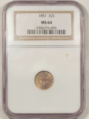 1851 THREE CENT SILVER - NGC MS-64, ATTRACTIVE ORIGINAL TYPE COIN - Image 1 of 3