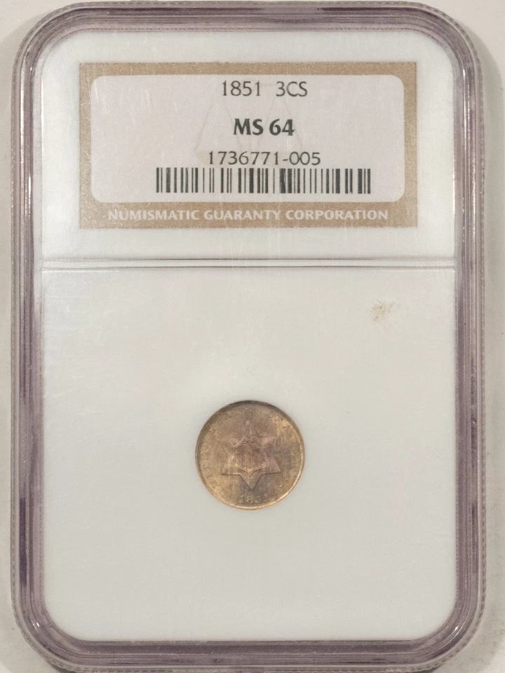 1851 THREE CENT SILVER - NGC MS-64, ATTRACTIVE ORIGINAL TYPE COIN - Image 1 of 3