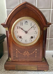 Ansonia American US Inlaid Wood Mantel Clock - 30cm high - Picture 1 of 14