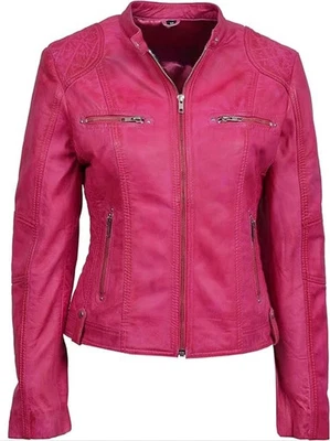 Barbie Rosa Mujeres Motocicleta Motociclista Chaqueta Piel de Cordero Cuero Real Hecha a Mano Chaqueta Foto 1 de 4