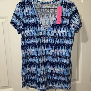 Top Lilly Pulitzer Etta Cuello en V MAREA BAJA AZUL MARINO VELAS Y RAYAS Talla M NUEVO - Imagen 1 de 4