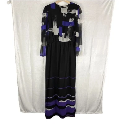 Vintage Hanae Mori Chiffon Dress 80s Cocktail Avant Garde Purple & Black Size 14 - Image 1 of 4