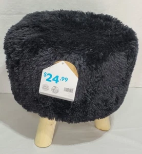 Ottoman By At Home Procurement Inc Black Faux Fur With Solid Wood Hand Finished  - Picture 1 of 10