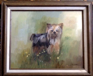 Oil Painting Yorkshire Terrier Dog in Green Meadow Signed & Framed - Bild 1 von 9