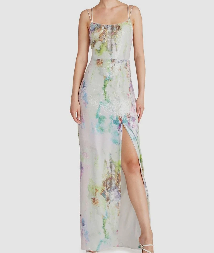 Theia Women's White Evie Square Neck Printed Sequin Gown Dress Size 4