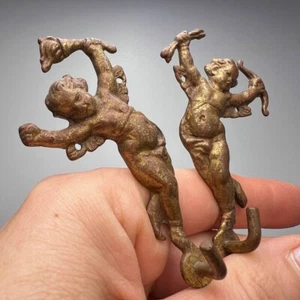 Pair Wall Bronze Coat Hooks Cupid Putti Cherub Figures Furniture Baroque Style - Picture 1 of 8