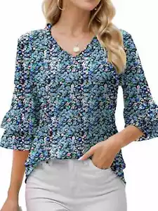 Women's Tops 3/4 Tiered Bell Sleeve Blouses Shirts V Neck T Shirt Loose Casual - Picture 1 of 19