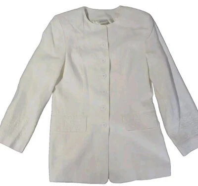Vintage Womens Blazer Linen Rayon Ivory Sz 8 Embroidered Lace Gantos Jacket 80s - Image 1 of 4