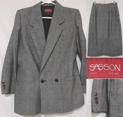 Falda Traje Sasson Mujer 12 Gris Mezcla Lana A Cuadros Doble Pecho 2 Piezas Foto 1 de 4