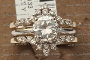 14k Yellow Gold Solitaire Enhancer Vintage Round Diamonds Ring Guard Wrap Ladies - Picture 1 of 11