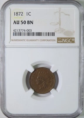 1872 Indian Head Cent Penny Coin NGC Graded AU50 Almost Uncirculated - Image 1 of 4