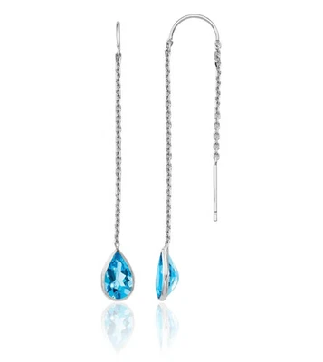 14K Solid White Gold Swiss Blue Topaz Threader Dangle Earrings - Image 1 of 4