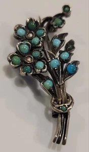 SB1-007: Victorian Sterling Turquoise & Pearl Floral Brooch – 1.75" Antique Pin - Picture 1 of 3