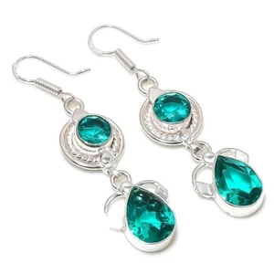 Mint Tourmaline Gemstone Handmade 925 Sterling silver Earring Size 2.25'' - Picture 1 of 1