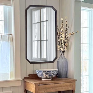 Octagonal Retro Wood Frame Mirror Farmhouse Aesthetics Wall Mirror Accent Decor - Picture 1 of 22
