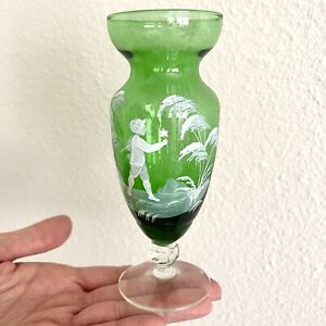 Mary Gregory Bulb Forcing Vase Green Glass Pedestal Boy 5.5 in