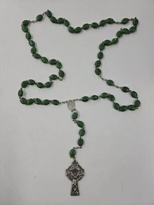 Vintage Celtic Cross Rosary. Silver-tone With Green Clover Beads In Cary Case. - Picture 1 of 8