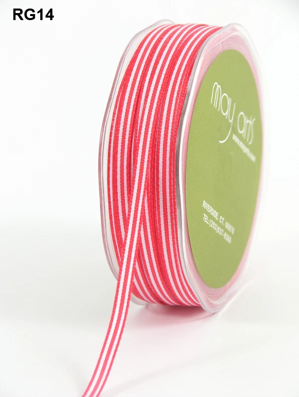 3/16 Inch Solid/Stripes Ribbons - May Arts - RG14 - Red/White - 5 Yards - Image 1 of 1