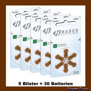 30 Stück Hadeo Hörgerätebatterie Typ 312 PR41 braun A312 Mercury Free