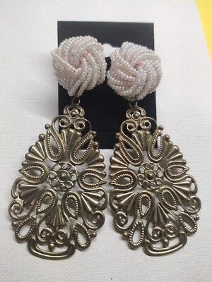 Antique Pearl Seed earrings with Dark Gold Bronze Filigree dangling earrings - Image 1 of 4