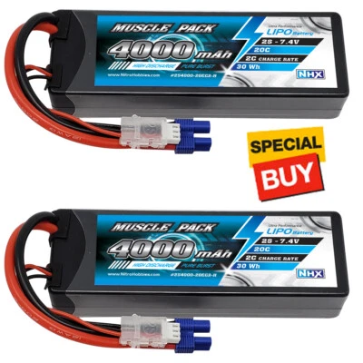 NHX Muscle Pack 2S 7.4V 4000mAh 20C Hard Case Lipo Battery (2) w/ EC3 Connector - Image 1 of 4