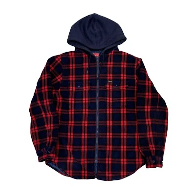 Supreme Hooded Plaid Workshirt Fleece Red/Navy Size M FW18 - Image 1 of 4