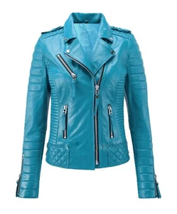 Women's Turquoise Blue 100% Soft Genuine Lambskin Leather Motorcycle Biker Jacke - Picture 1 of 8